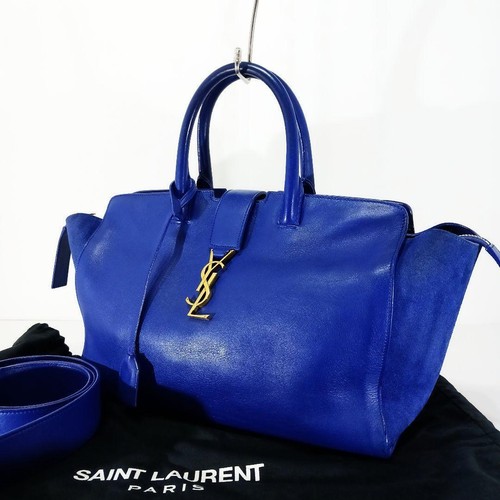 YSL Saint Laurent Down Town Cabas Handbag Shoulder Bag Blue Leather 2way Women's