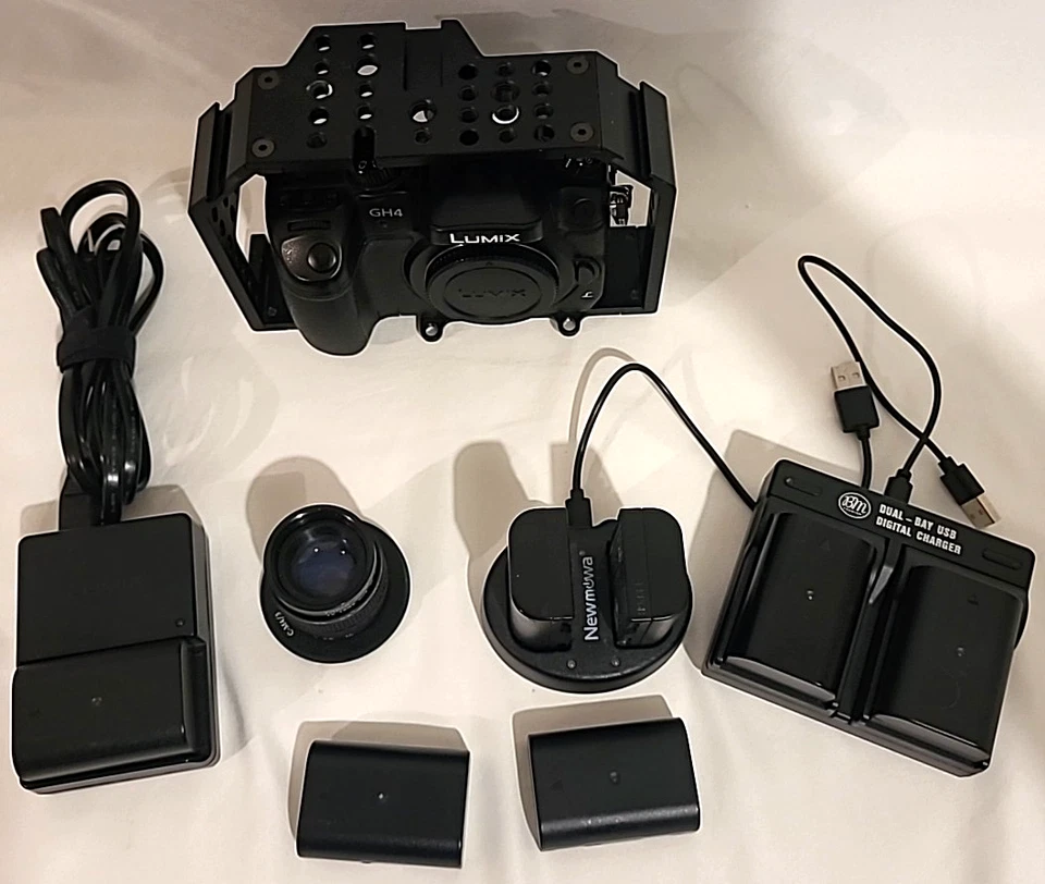 Cámara excavadora Panasonic Lumix DMC-GH4 cuerpo jaula baterías cargadores lente y adaptador Foto 4 de 4