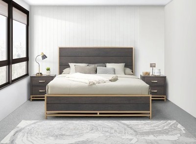 NEW Modern Gray Bed Queen King Metallic Gold Contemporary w/ Optional Nightstand