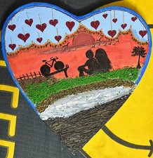 Handmade Heart Canvas Art: Unique Couple Silhouette Sunset Painting, OOAK
