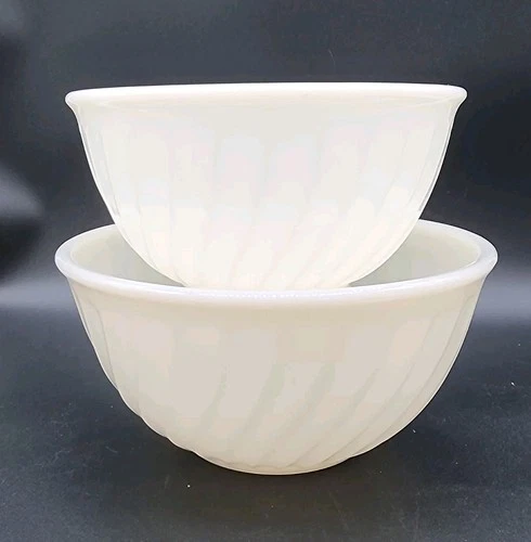 2 Vintage Fire King Milk Glass Swirl Mixing Nesting Bowls 7" & 8" Oven Ware USA