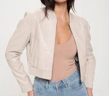 Women Off-White Cropped Leather Jacket Biker Moto Lambskin Size S M L XL XXL 3XL