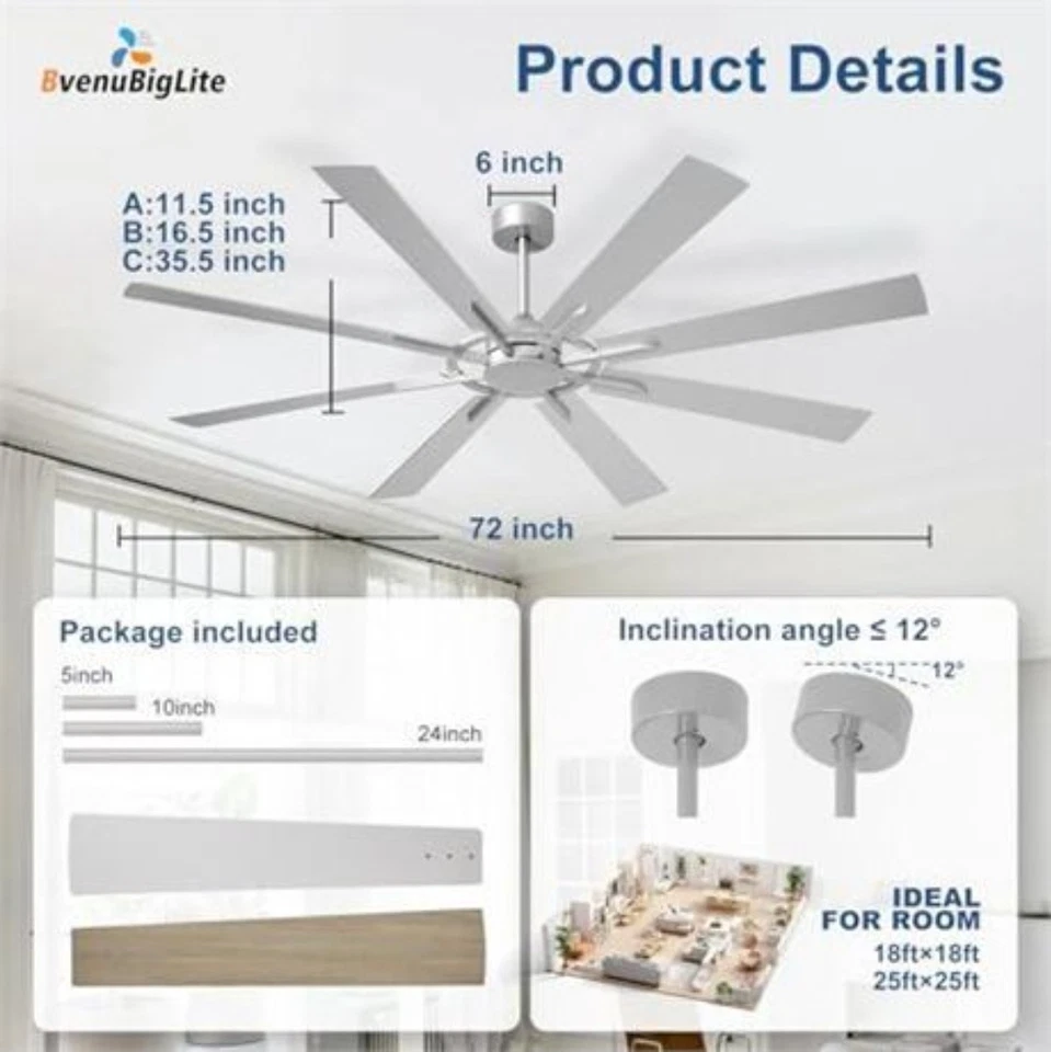 Large Modern 72 Inch 8 Blade Ceiling Fan with Remote  Brushed Nickel, No Light - Image 2 of 4