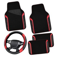 Leather Steering Wheel Cover and Waterproof Car Floor Black And Red