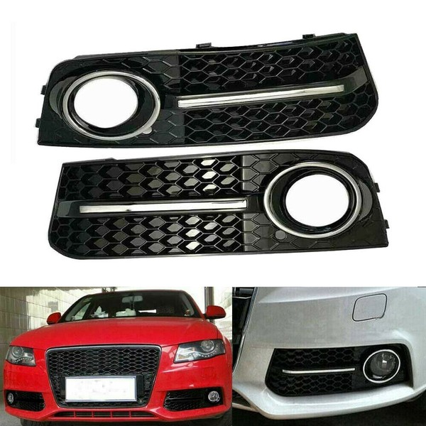 For Audi A4 B8 2009-2012 Honeycomb Fog Light Grille w/Chrome Trim Cover Pair `