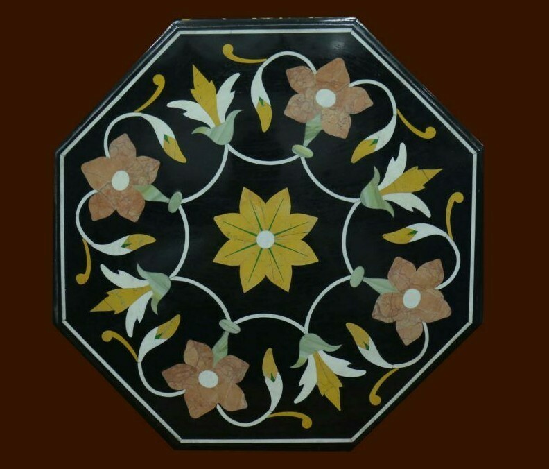24-Inch Black Marble Coffee Table with Semi-Precious Pietra Dura Inlay for Stylish Home Decor