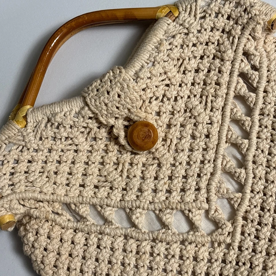 Bolso Macramé Vintage Crema Bambú Mango Boho Cottage Western Retro Hippie Años 70 Foto 2 de 4