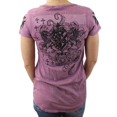 Women's V Neck T-Shirt Top Mauve w/ Fleur de Lis, Crosses & Rhinestones