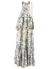 NWT Foxiedox Dress L Amina Pompom Halter Tea Length Maxi Blue Print Ruffled