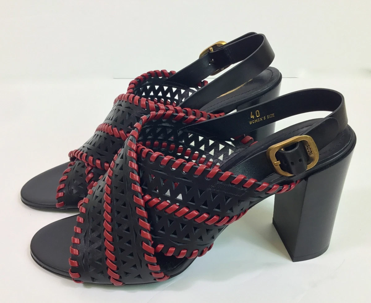 Tod s Women s Size US 10 Eu 40 Block Heels Black Red Woven Leather
