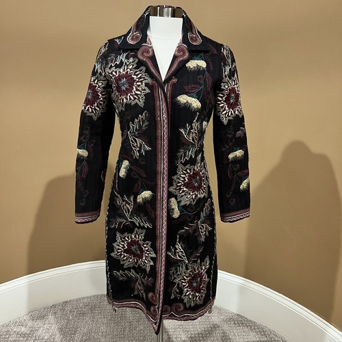 Biya Johnny Was Embroidered Wool Blend Coat Size S Brown Floral Print