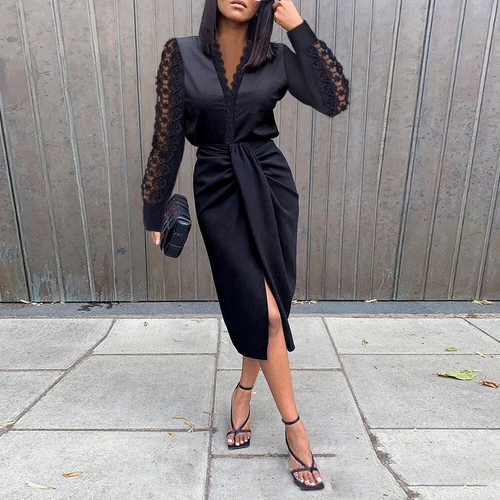 Womens Lace V Neck Wrap Dress Ladies Long Sleeve Evening Cocktail Midi Dress - Picture 8 of 10