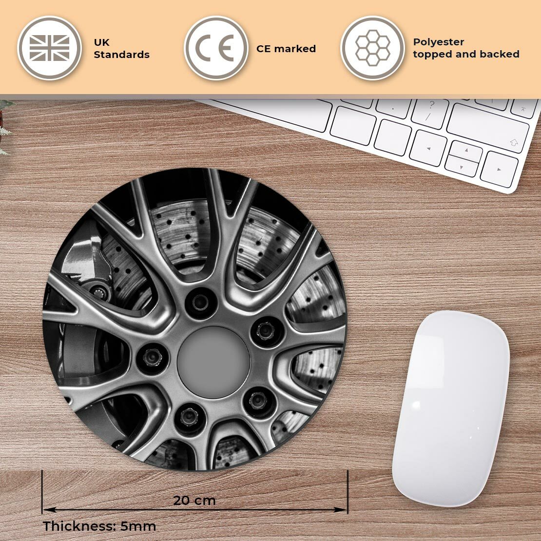 Destination Vinyl ltd - Tappetino Mouse Rotondo (bw) - Cerchi in Lega Rosso Freno Auto #42029 - Miniatura 2