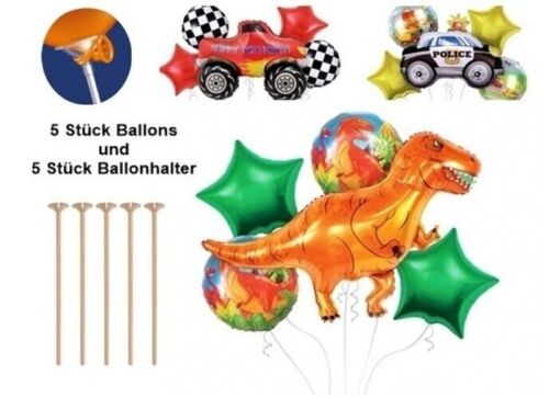 5 Stück Folienballons mit 5 Ballonhalter Set Dinosaurier Monstertruck Polizei - Bild 1 von 15