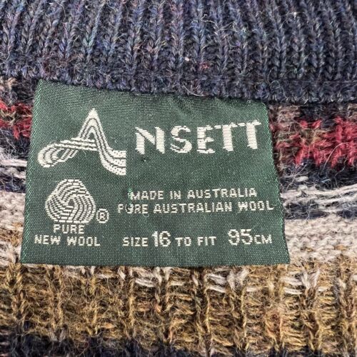 Vintage Ansett Made in Australia Pure Wool Knitted Cardigan Mens L Navy Blue/Red - Picture 3 of 7