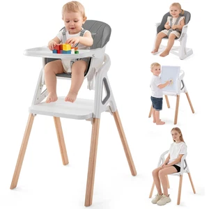 Baby High Chair, 4 in 1 Wooden Convertible High Chair for Babies and Toddlers wi