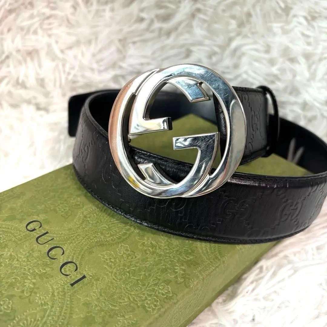 Ceinture GUCCI imbriquée Gg Shima boucle argentée cuir