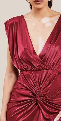 Satin Wrap Knotted Midi Dress Size 14 Wine 'Goddiva' Bnwt NEW - Picture 3 of 6