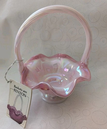 Fenton Glass Iridescent Colonial Rose Pink Ruffle Basket Twist Handle 6.5" High