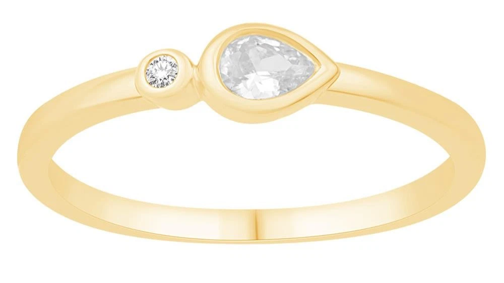 .17CT DIAMOND 14KT YELLOW GOLD 3D ROUND & PEAR SHAPE DOUBLE SOLITAIRE BEZEL RING