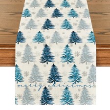 Merry Christmas Decorations Blue Trees Snowflake Table Runner Winter Gift 13x72"