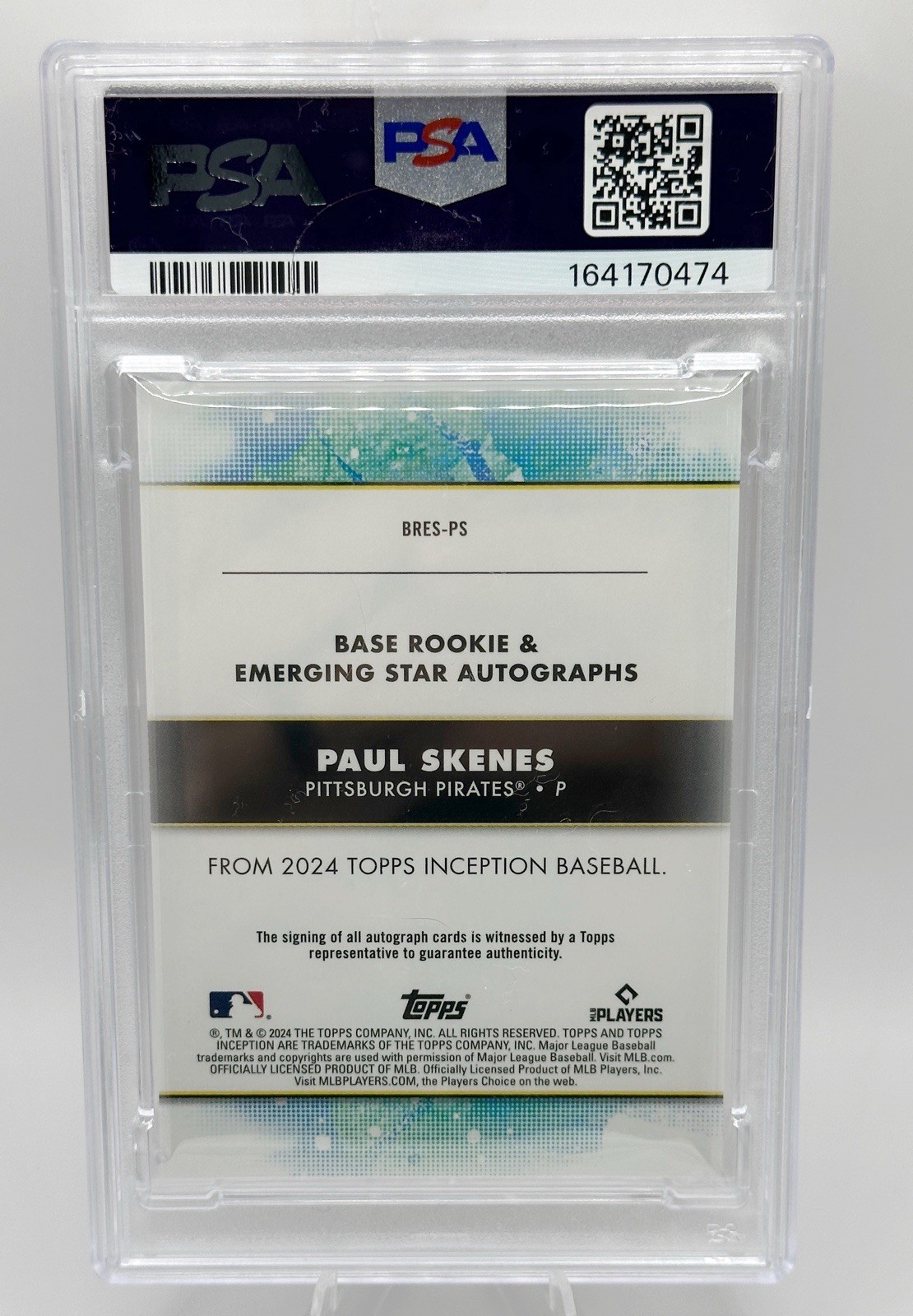 Paul Skenes 2024 Topps Inception Rookie Emerging Stars Auto /299 PSA 8 RC view 2
