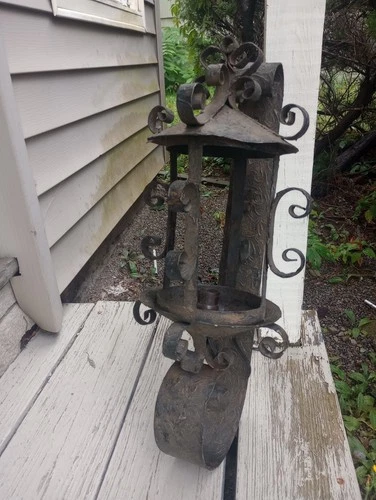 Antique Wrought Iron Spanish Revival Wall Sconce Lantern