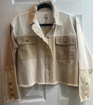 New EASEL Tan Colorblock Tan Denim Crop Raw Hem Jacket Shacket Boho Trendy