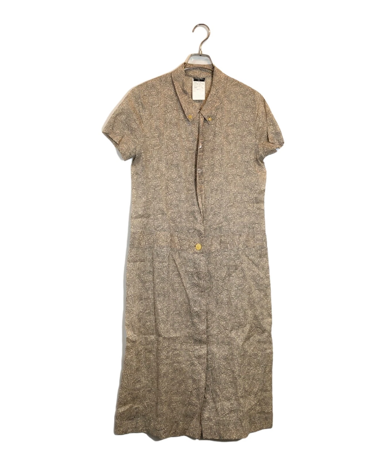 Chanel — CHANEL Ramie Newspaper Shirt Dress Beige Linen France Vintage SR1993