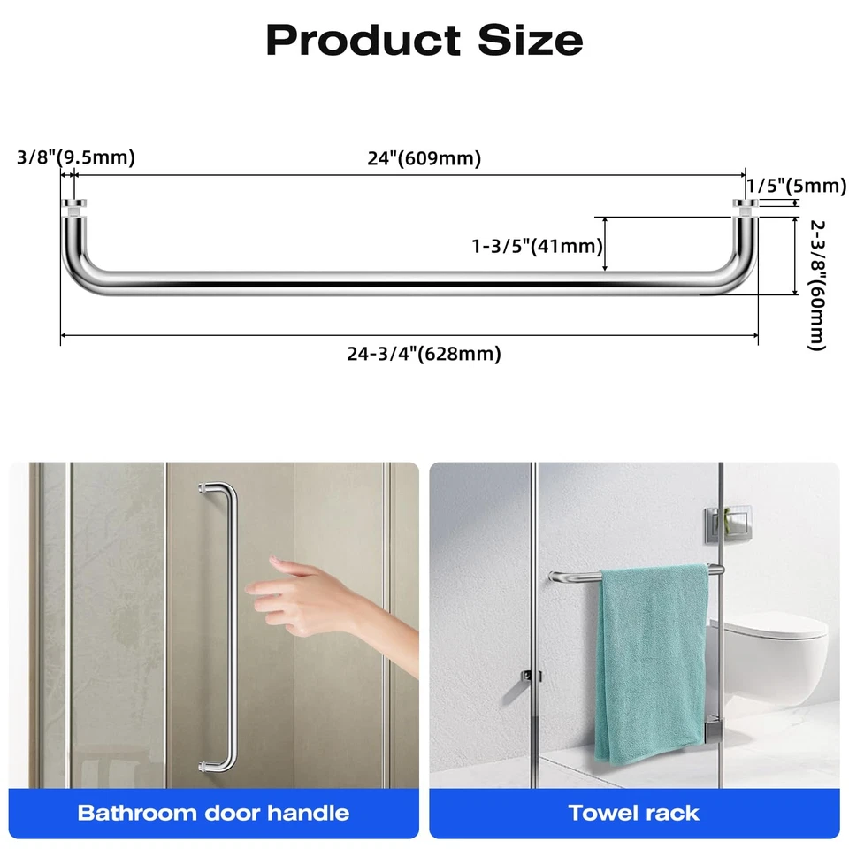 玻璃淋浴门毛巾条 24 英寸不锈钢滑动淋浴门把手... — 第 2/4 张图片