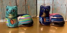 2 Mexican Folk Art Hand Painted Glazed Ceramic Clay Laying Cat Figurines Mexico