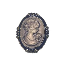 Vintage High End Estate Victorian Dark Cameo Pin Brooch Oval Black Enamel