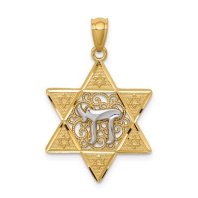 Real 14kt Two-tone Gold Polished Star of David w/Chai Pendant
