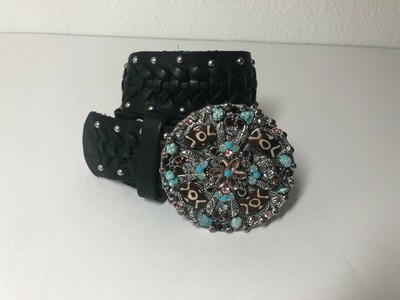 Leatherock Turquoise & Rhinstone Buckle Black Leather Belt 