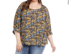 Karen Kane Blue Gold Floral Print Tie Notch Nk 3/4 Blouson Sleeve Top Sz 1X NWT