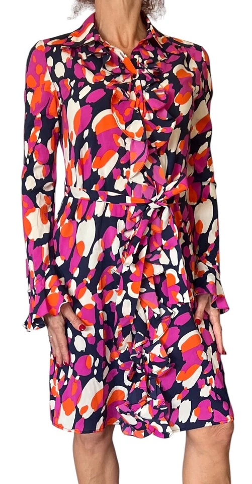 Y2K DIANE VON FURSTENBERG DVF RUFFLE SHIRT DRESS BELTED LONG BELL SLEEVE SILK 4 - Image 3 of 4
