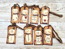 8-Christmas-Primitive-Farmhouse-Holiday-Snowman-Linen Cardstock-Gift-Hang-Tags