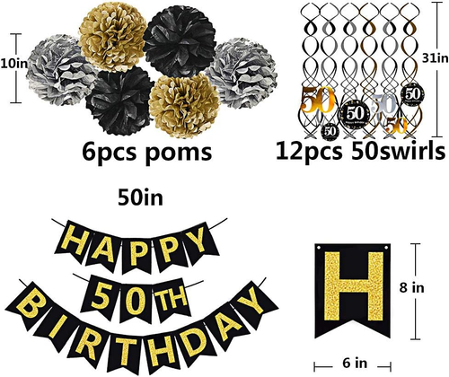 Black & Gold Glittery Happy 50Th Birthday Banner,Poms,Sparkling 50 Hanging Swirl - Picture 4 of 7