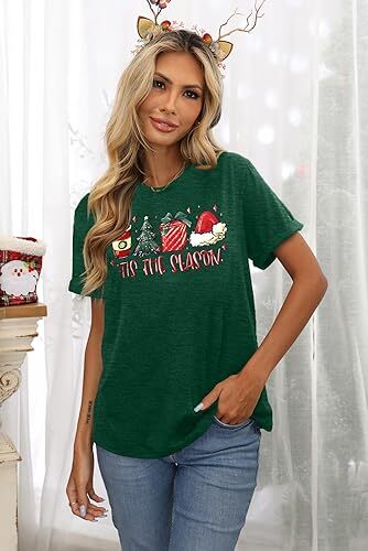 Christmas Shirt Women Tis The Season Christmas Tree T Shirt Latte Medium Green - Picture 4 of 7