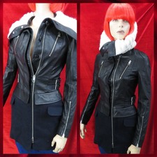 Julien Macdonald Designer Vtg Calf Leather/wool Black/navy Jacket Size 40 / 8-10