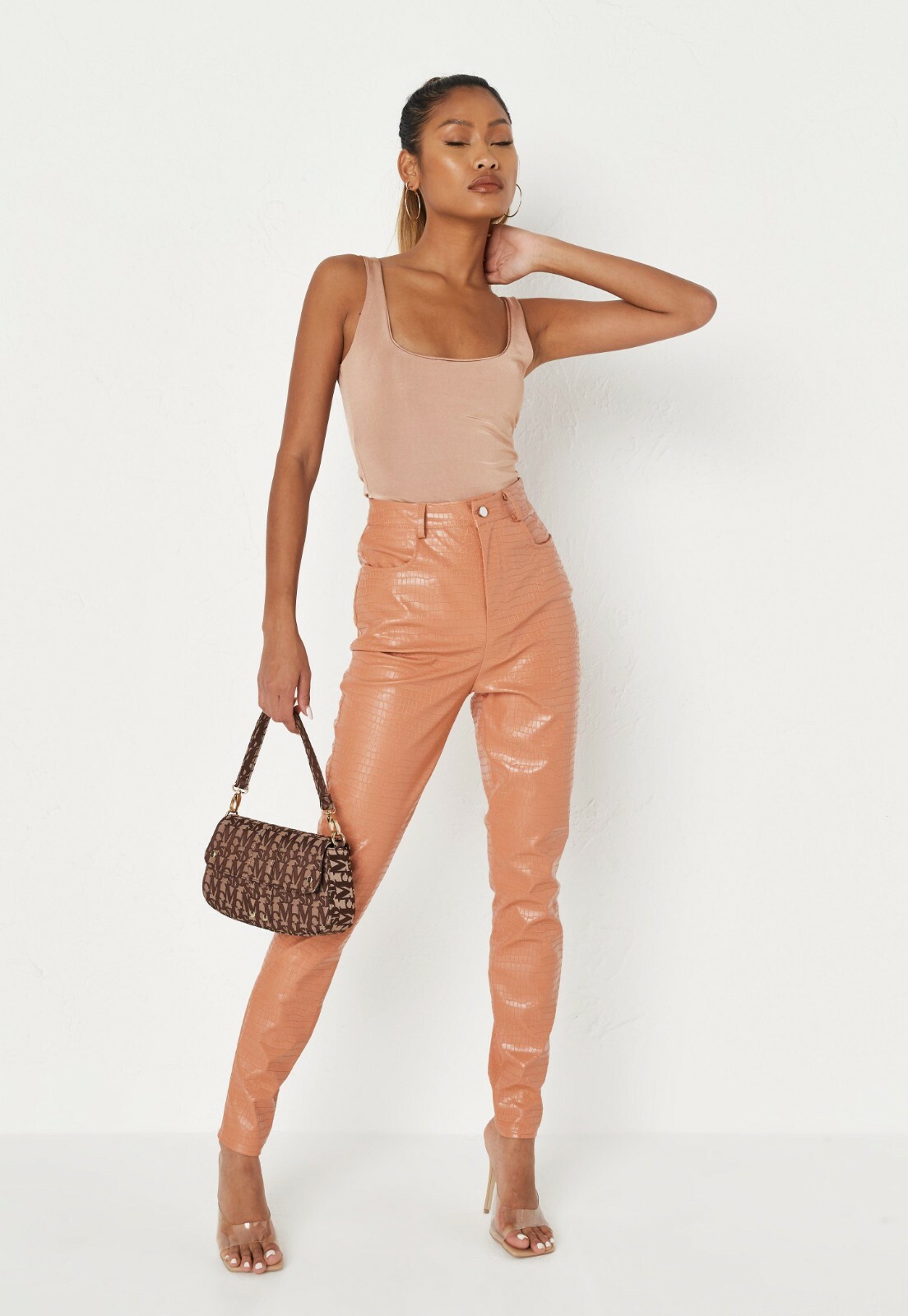 Pantalones Miss Guided Camel Simulado Cocodrilo Imitación Cuero Sim Pierna Talla US 14