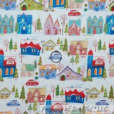 BonEful Fabric FQ Cotton Quilt Rainbow Santa Snow Scenic Xmas Tree House Print S