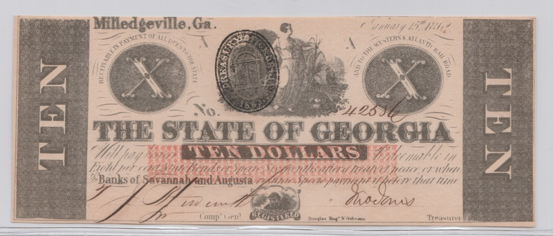 1862 $10 State of Georgia, Milledgeville Obsolete Note - Ungraded