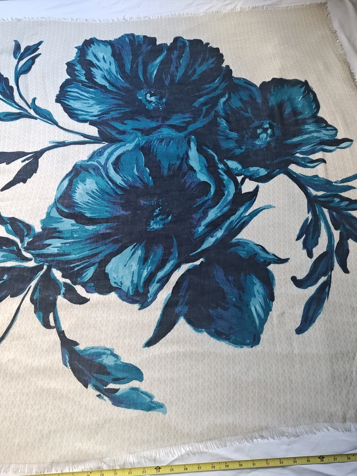 Tory Burch Airy Soft Wool Gauze Teal Blue Tan Floral Logo Scarf Exc. Condition