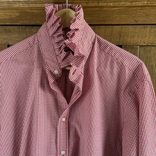 Upcycled Reworked Viral US Polo Ruffle collar Buttonup Red Gingham Large Classic