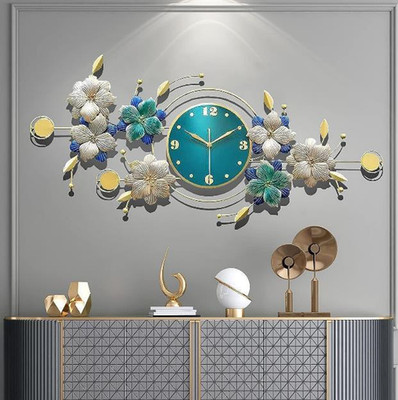 Luxury Floral Metal Wall Clock Blue Gold Modern Decorative Wall Decor