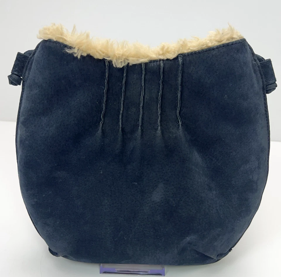 WILSONS LEATHER Suede Crossbody Bag Leather Maxima Shearling Purse Fur Line Navy - Image 4 of 4