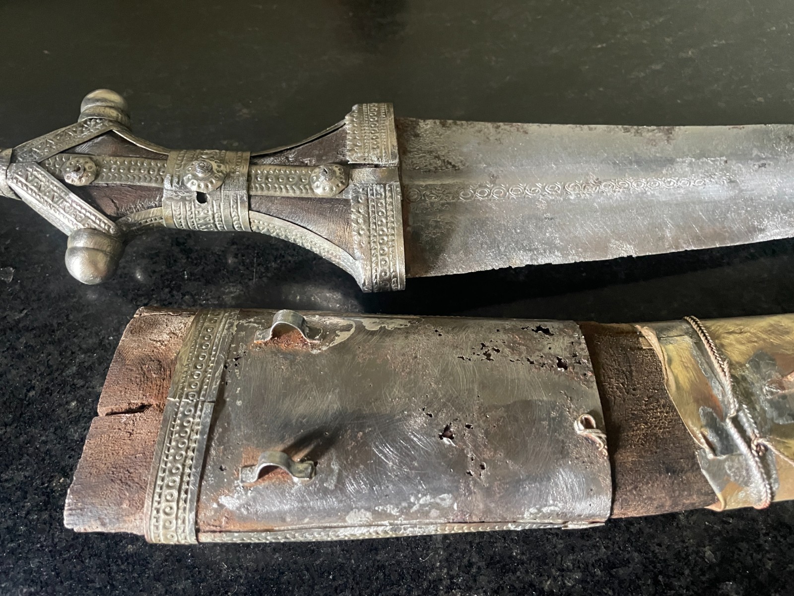 Antique Arabian Jambiya Dagger – Silver-Brass – Worn Scabbard – As is.