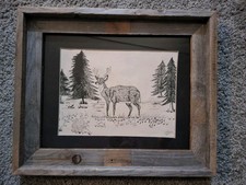 One of a kind's sketching of a deer wrapped in homemade frame signed by artist