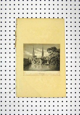 Original alter antiker Druck um 1836 Ansicht Coventry Kirche Baum Fluss 19. Jahrhundert